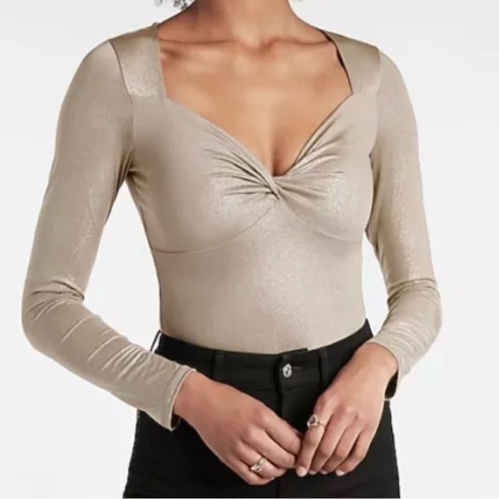 EXPRESS NWT Body Contour Metallic Twist Front Thong Bodysuit Gold Size Medium
